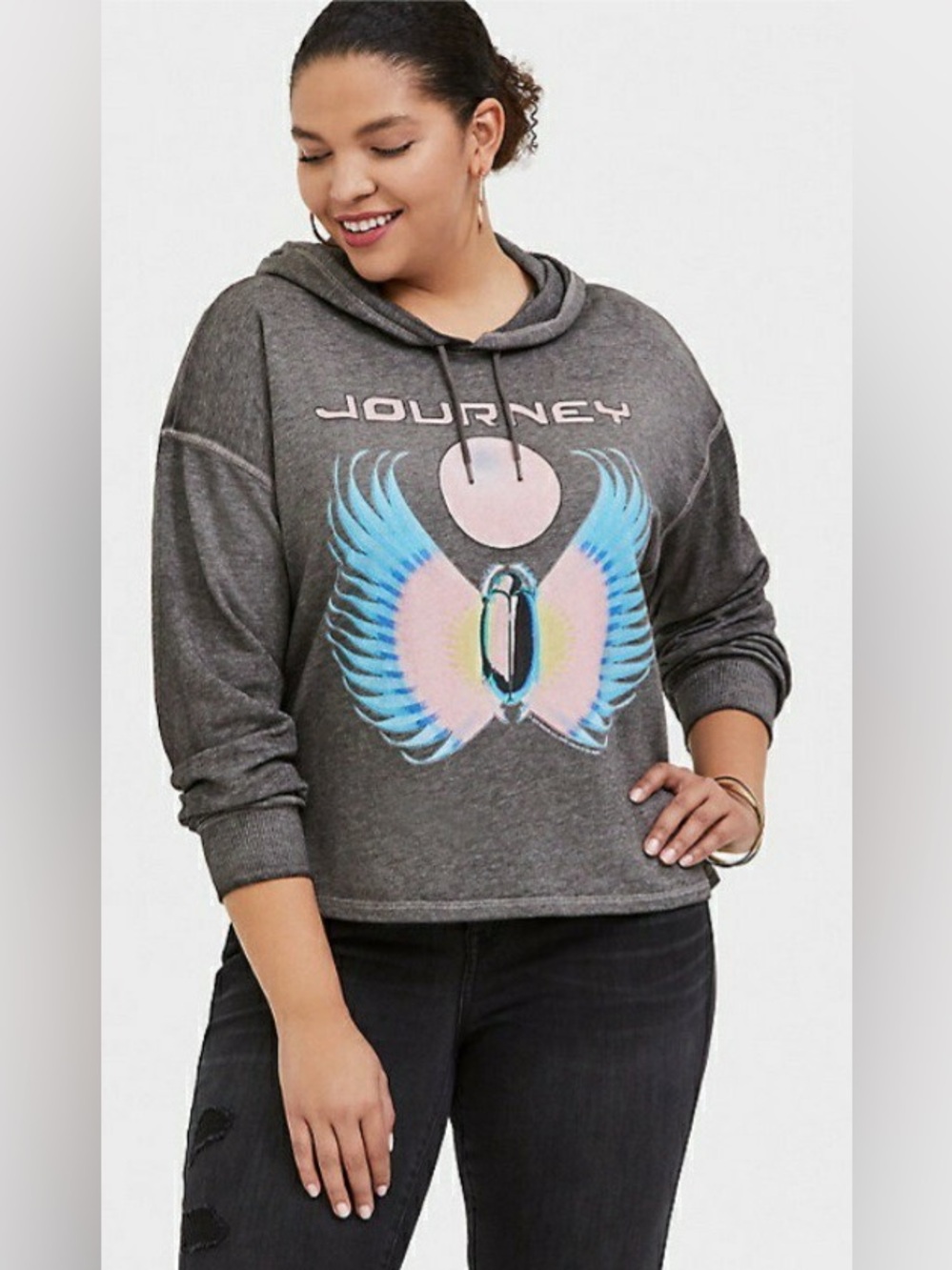 Torrid Vinyl Icons Journey Grey Burnout Crop Hoodie Sweatshirt